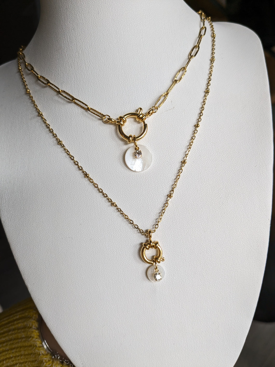 Collier bouée avec nacre et strass - acier inoxydable