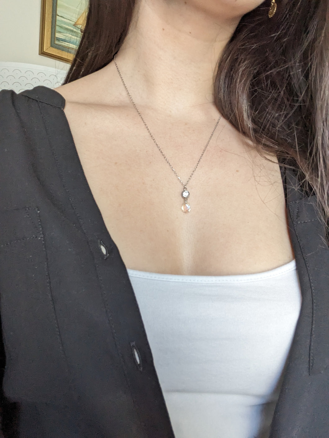 Collier strass goutte blanche - acier inoxydable