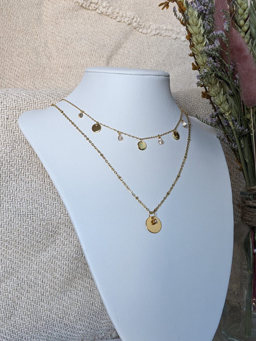 Collier double chaine strass et pendentifs - acier inoxydable