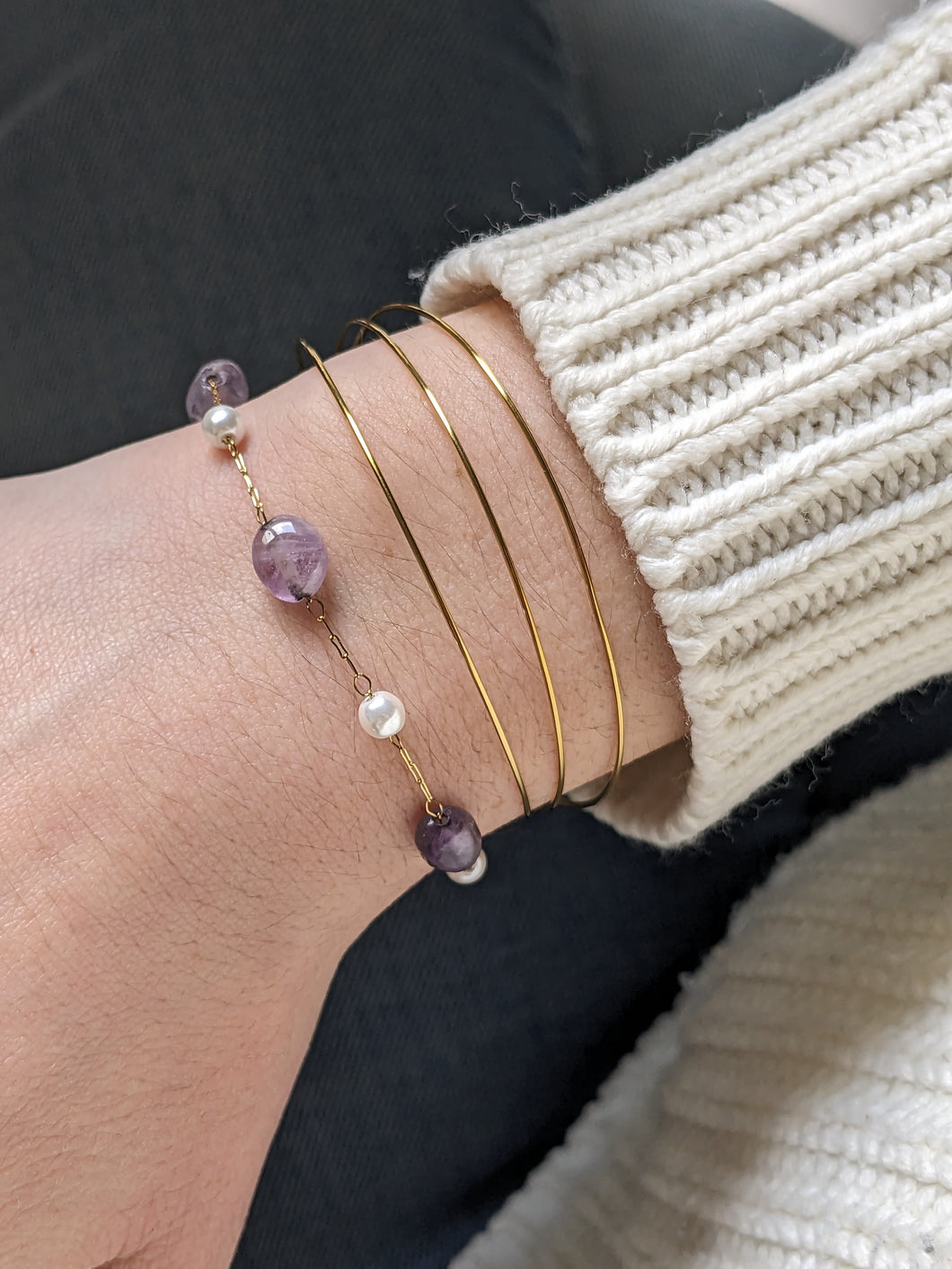 Bracelet perles nacrées et amétrine - acier inoxydable doré