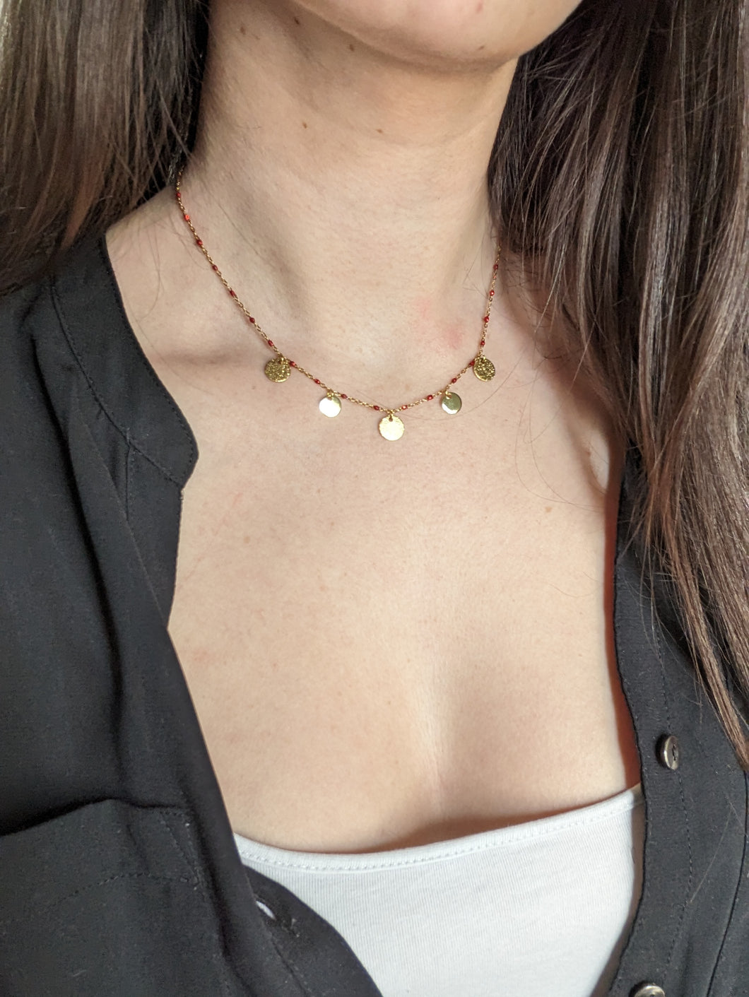 Collier pampilles et chaîne rouge - acier inoxydable