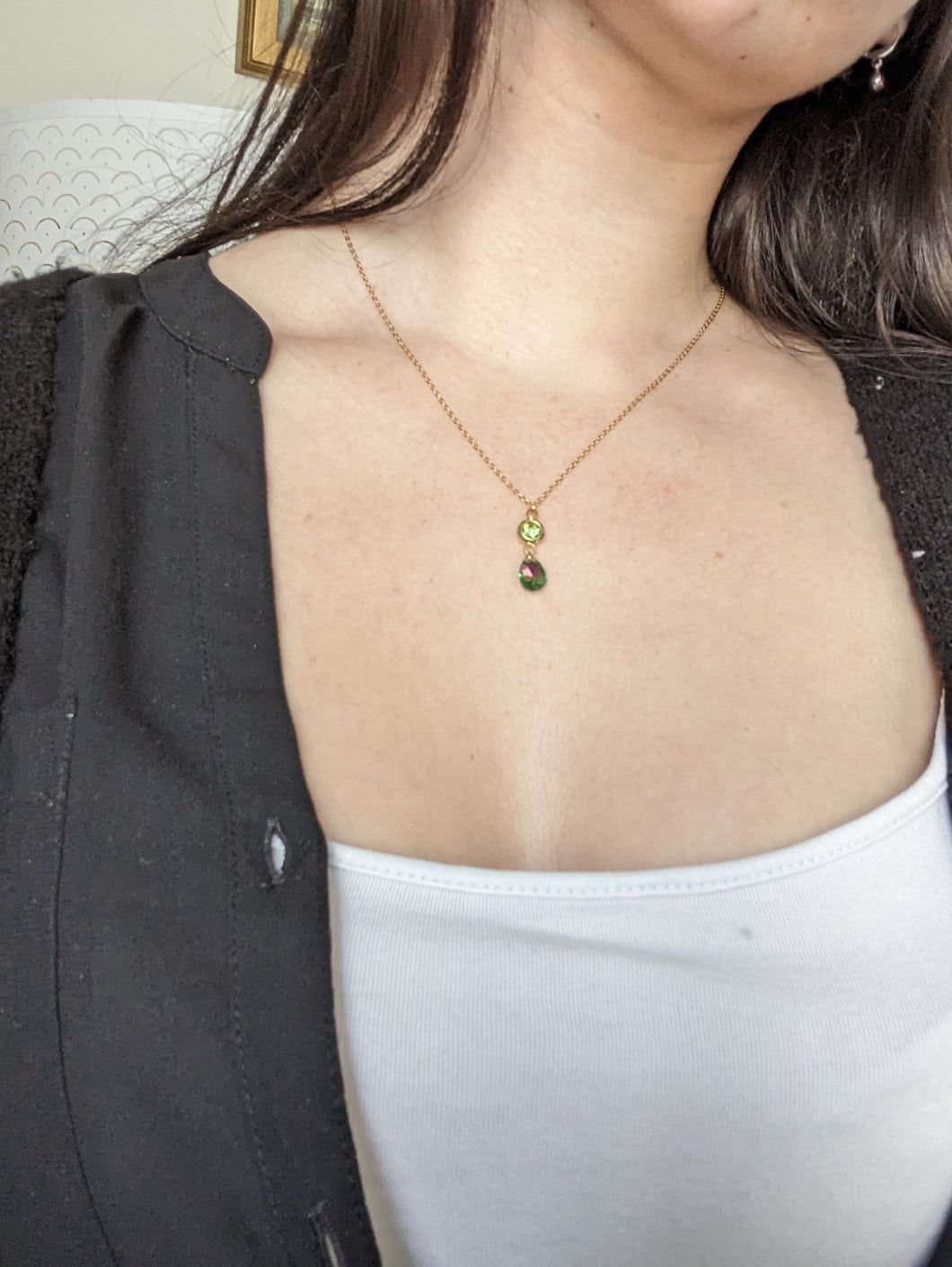 Collier strass goutte verte - acier inoxydable