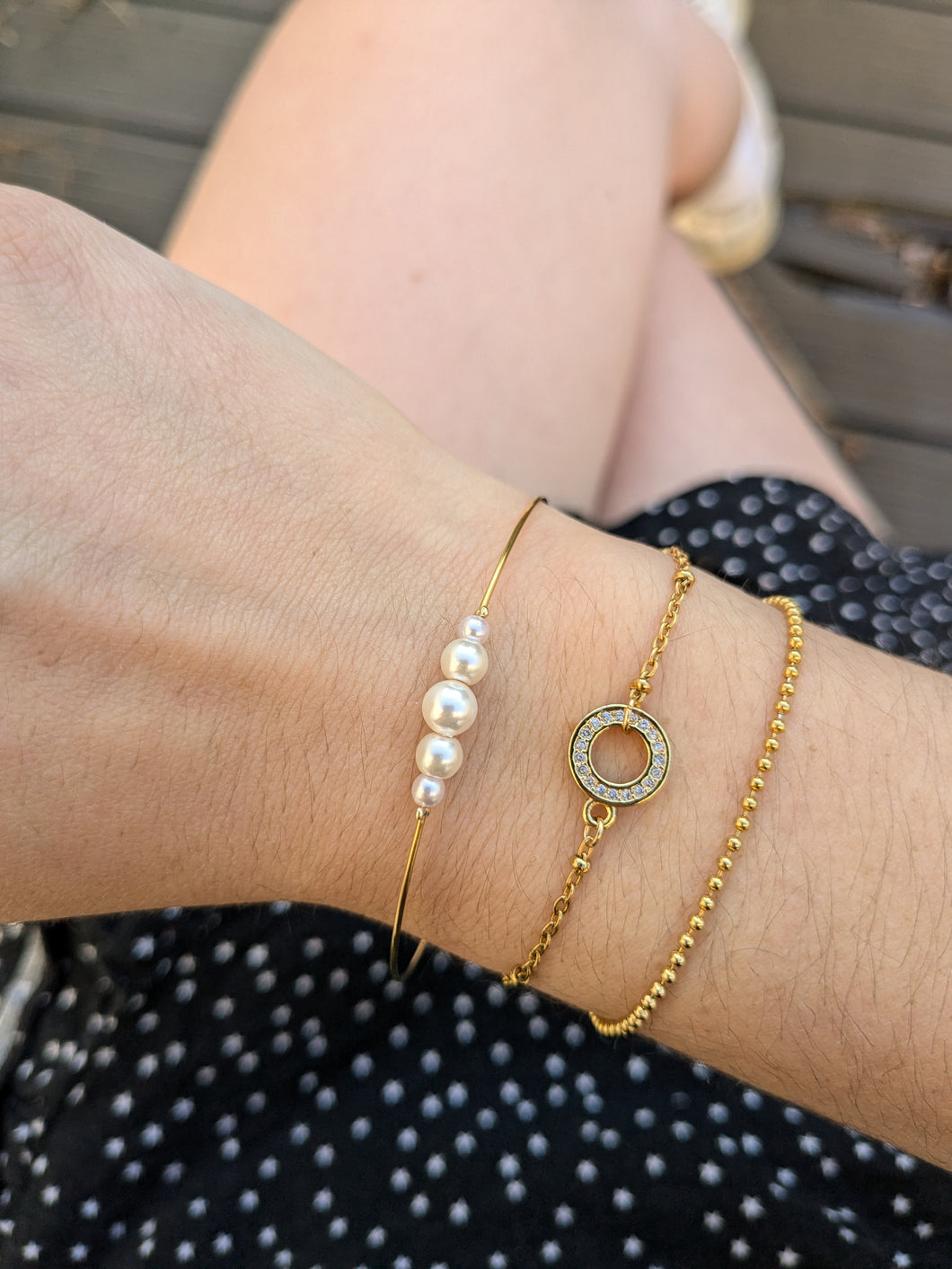 Jonc 5 perles nacrées - acier inoxydable