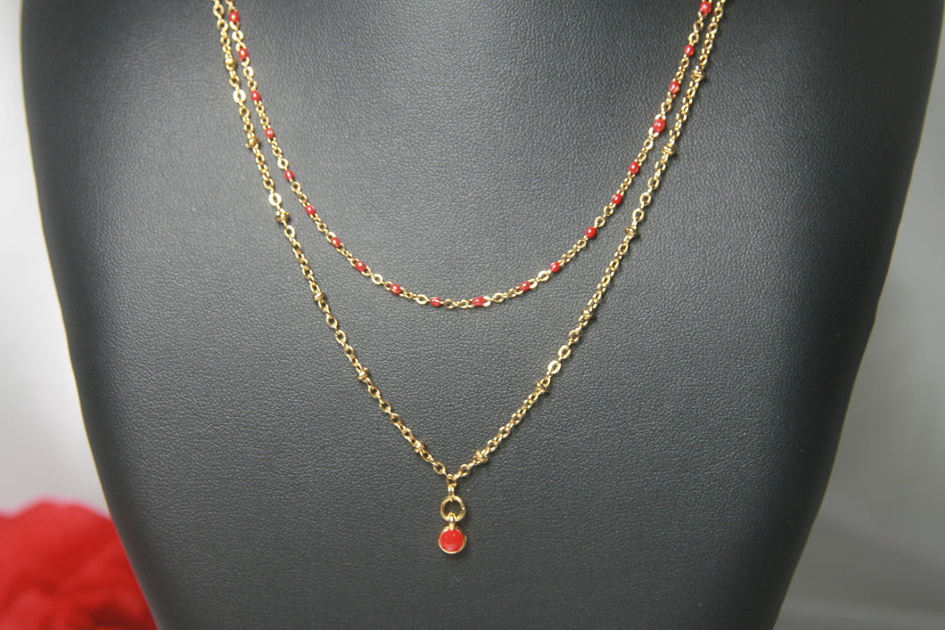 Collier double chaines dorée et rouge - acier inoxydable
