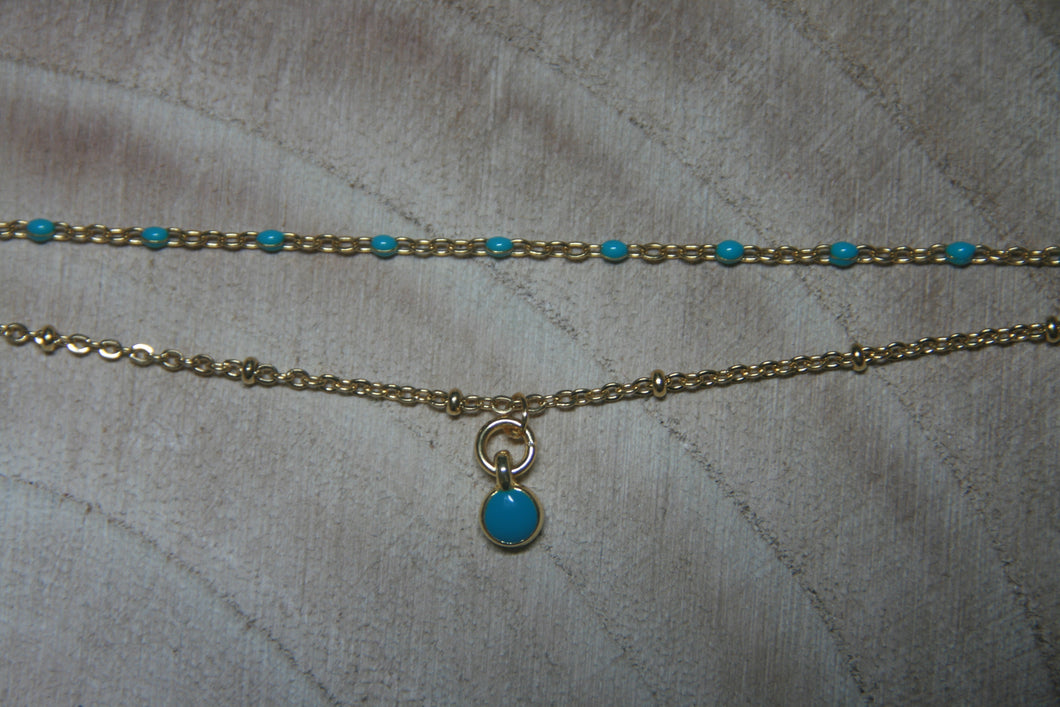 Collier double chaines dorée et bleu turquoise - acier inoxydable