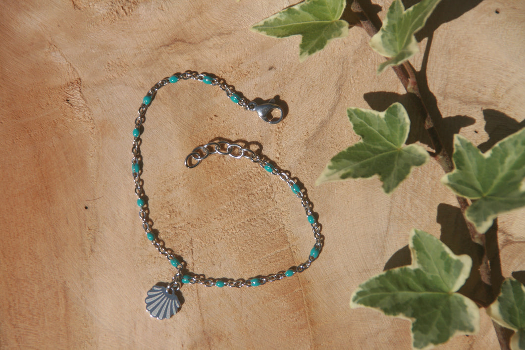 Bracelet chaine billes bleues coquillage - acier inoxydable