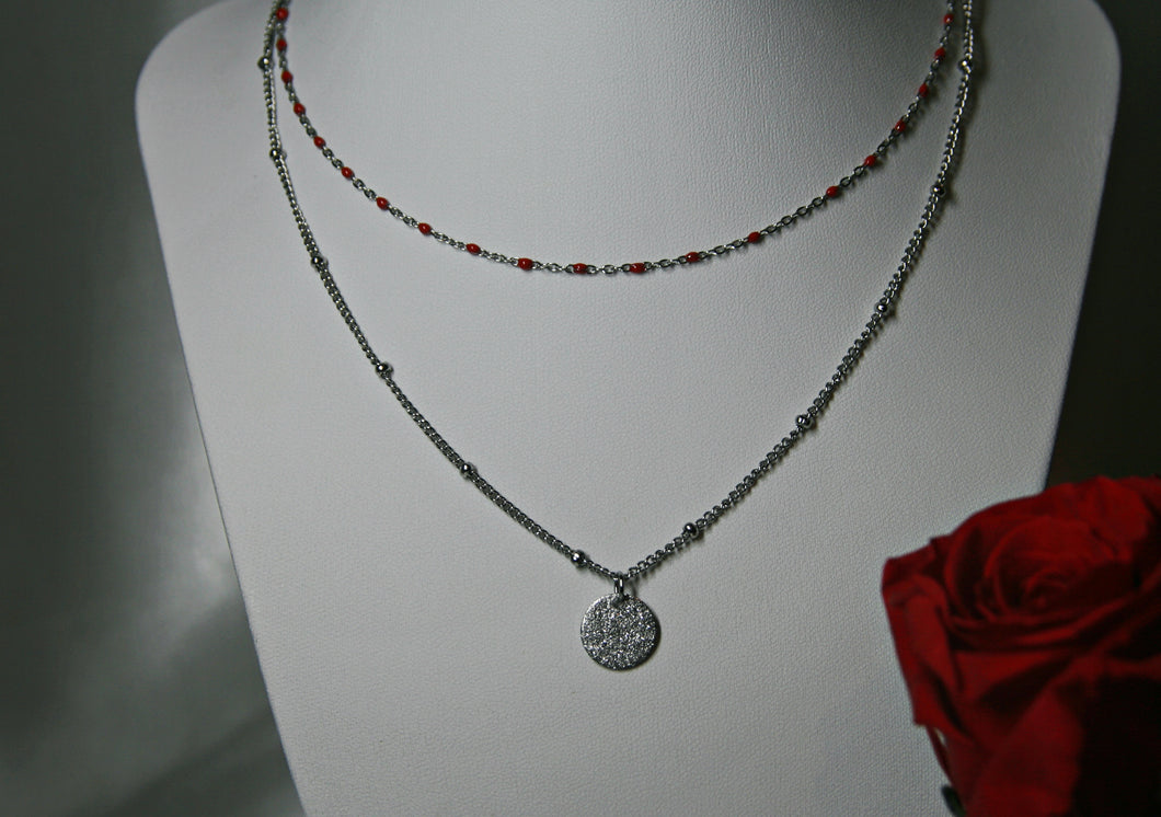 Collier double chaine rouge et argenté - acier inoxydable